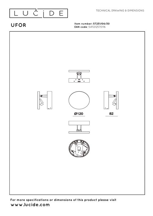 Lucide UFOR - Wandlamp - Ø 12 cm - LED Dim to warm - 1800K/3000K - Zwart | Premium - technisch